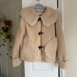 Veveret Beige Teddy Jacket w/ Peter Pan Collar Toggle Closures Ruffle Trim Coat